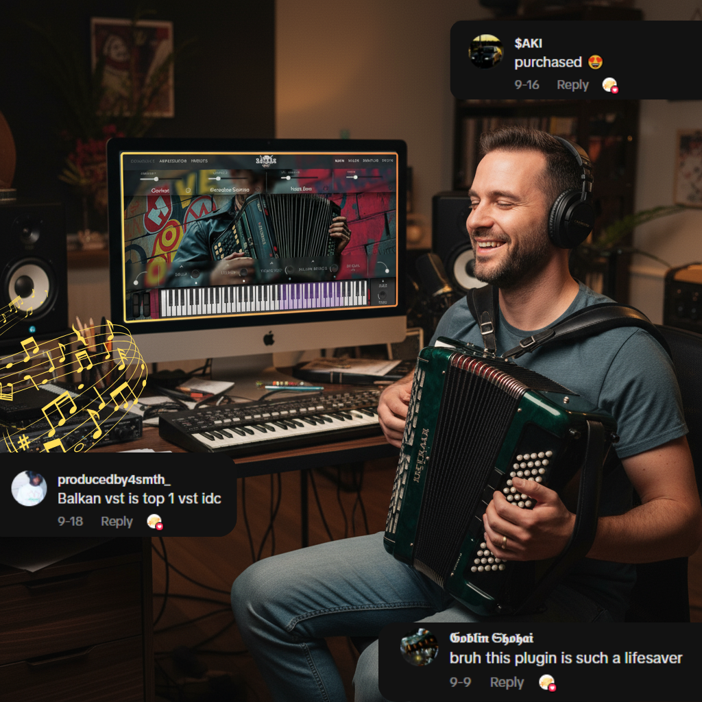 music producer in studio making beats with balkan plugin